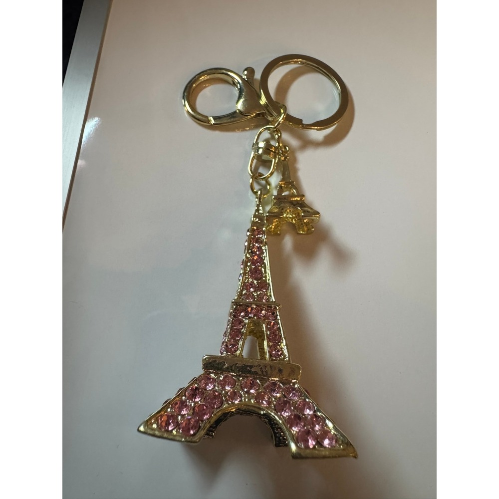 Pink Rhinestone Eiffel Tower Keychain Gold Tone Paris Bag Charm Travel Souvenir